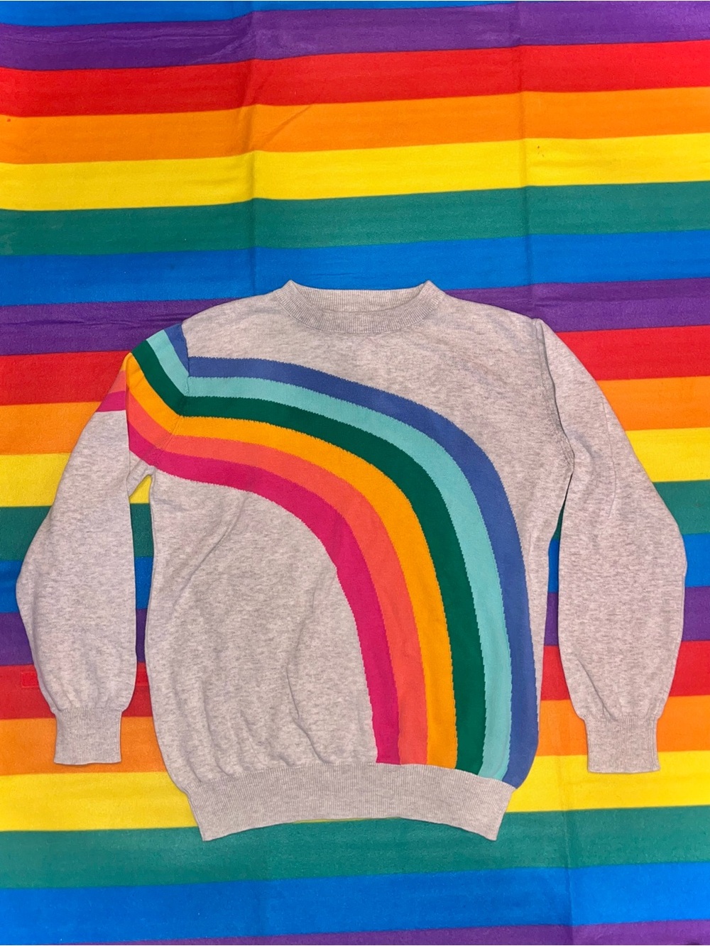 OXKnit Gray Women's Crewneck Sweater Retro Sweatshirt with Rainbow Stripe, Large